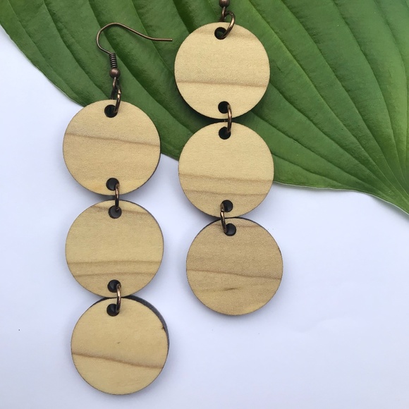 Handmade Lasercut Wood Earrings - 3 Circle Drop - Picture 3 of 3